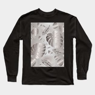 Silver Metallic Tropical Leaves Long Sleeve T-Shirt